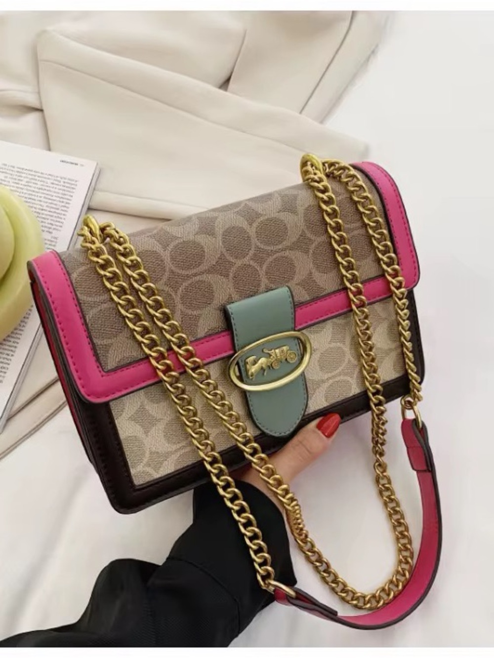 Signature Pattern Crossbody Bag with Pink Trim and Gold Chain